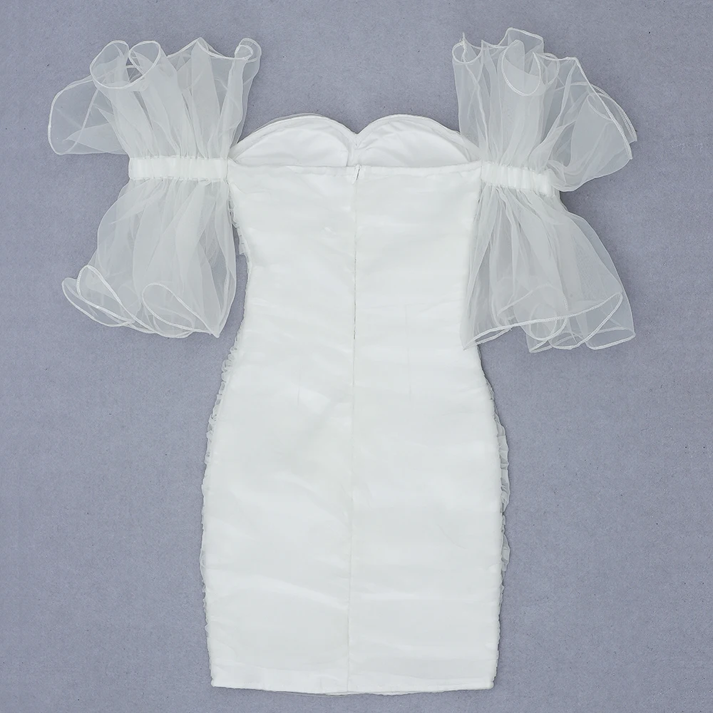 

Ailigou 2021 New Ladies Sexy Off-Shoulder Puff Sleeve Mesh Mini Bandage Dress Nightclub Bodycon Celebrity Party Dress Vestidos