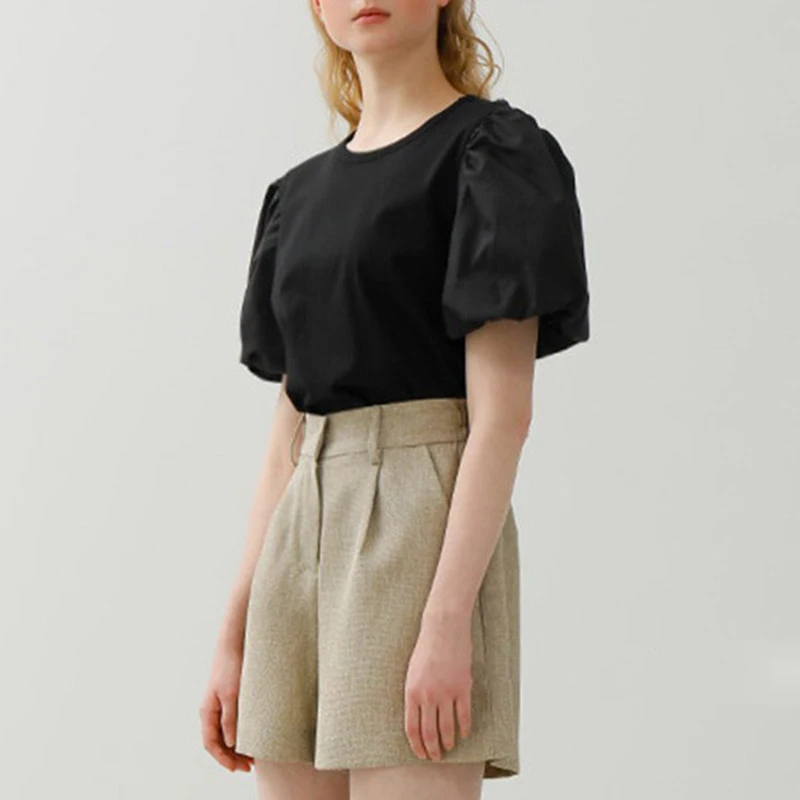 

GALCAUR Casual White T Shirt For Women O Neck Lantern Short Sleeve Solid Minimalist Loose T Shirts Female 2021 Summer Clothing