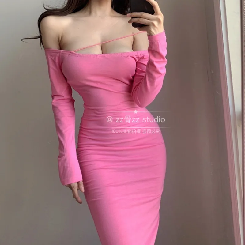 

XUXI One Word Collar Strapless Sexy Dress Women Thin Bag Hip Long Sleeves Over The Knee Skirt Spring Autumn 2021 E3762