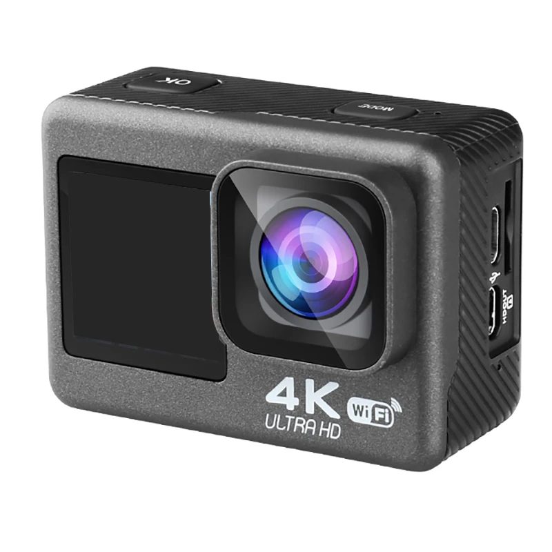 للبيع AT-Q60ER عمل كاميرا 4K 60FPS 24MP 2.0 بوصة LCD كاميرا مقاومة للماء شاشة مزدوجة واي فاي التحكم عن بعد مكافحة هزة الكاميرا