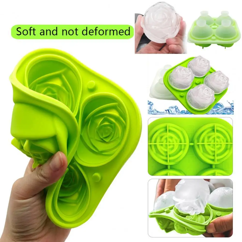 

Rose Ice Mold Anti-leakage Portable 4 Grids Reusable Silicone Ice Cube Mold for Bar
