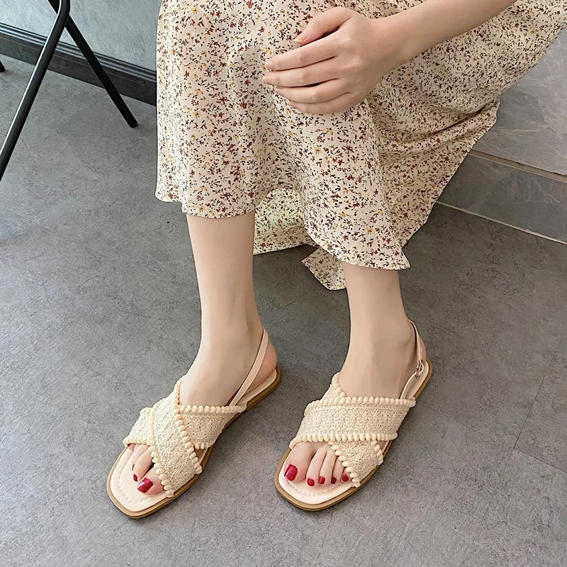 

Beige Heeled Sandals Flat Summer Shoes Woman All-Match Open Toe Black Without Gladiator Comfort 2021 Fashion Peep Girls Cotton F