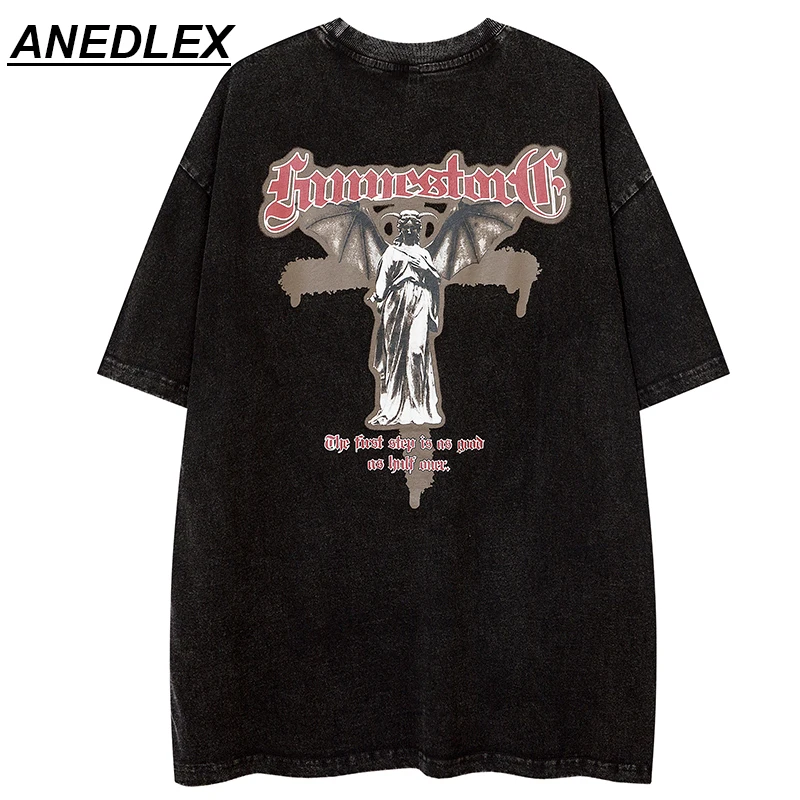 

Hip Hop Men Streetwear Retro T-Shirt Statue Wings Letter Printed T Shirt Harajuku Cotton Tshirt 2022 Summer Short Sleeve Tops