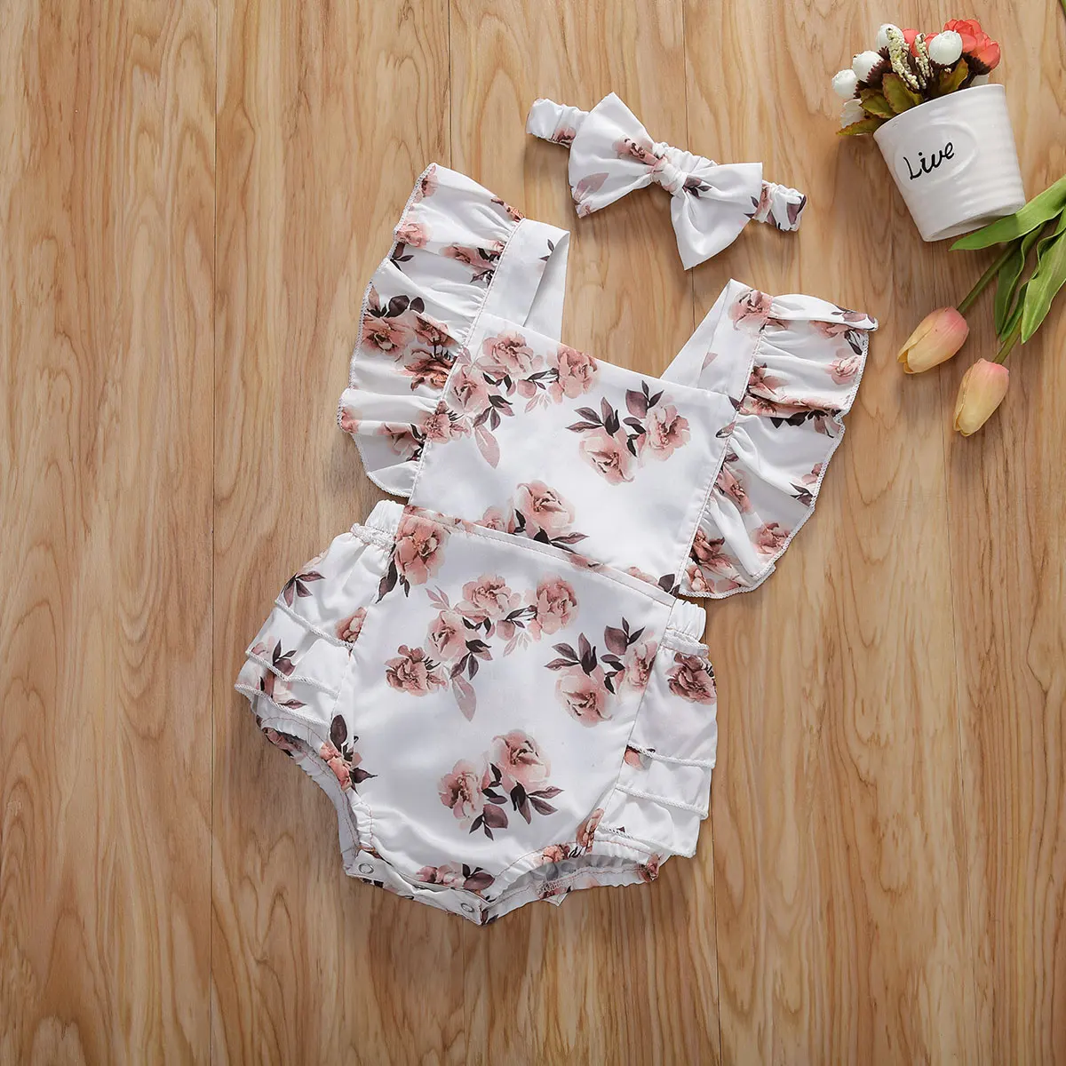 

Infant Newborn Summer Clothing Baby Girl Floral Romper Sleeveless Ruffled Jumpsuits With Headband
