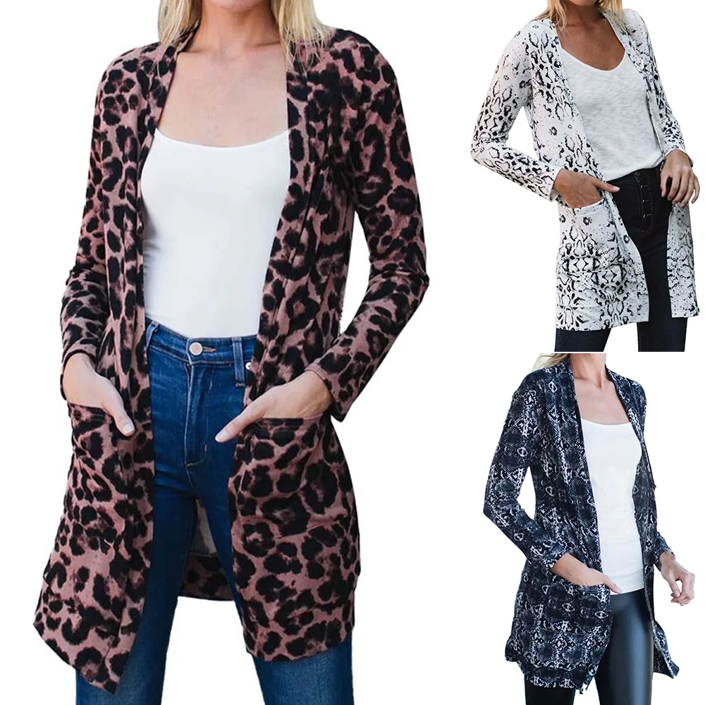 

Women Streetwear Open Stitch Leopard Printed Long Coat Pocket Long Sleeve Fashion Causal Jacket Winter Outwear