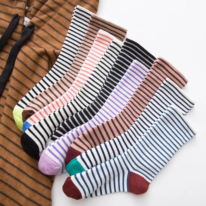 Women Solid Stripes Cotton Socks Slim Striped Crew Socks Spring Autumn Winter Socks Girls Ankle Socks Knee High Sock 6 pairs/lot