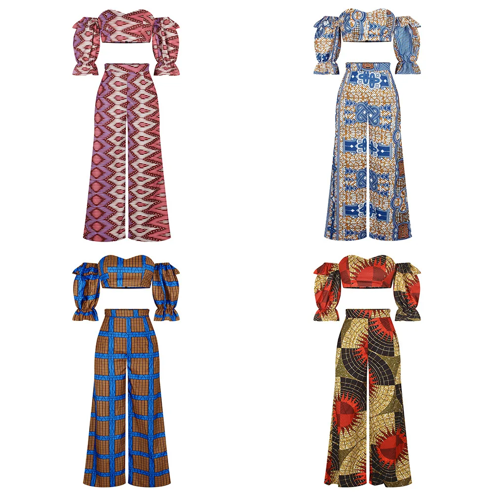 

One Word Collar Two-Piece Large Size Women's Mid-Sleeved Short Top + Wide Leg Pants Digital Printing Fashion Sexy Suit 2021 New
