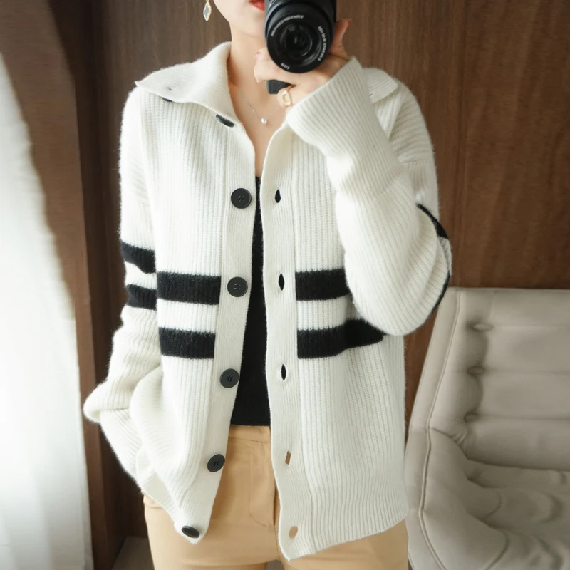 Pure Wool Cardigan Women's 2021 Autumn and Winter High-Neck Comfortable Long-Sleeved Casual All-Match Fashionable Knitted Coat