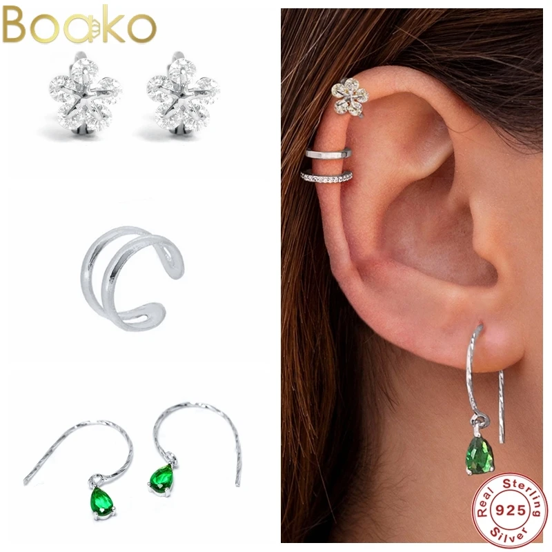 

BOAKO Real 925 Sterling Sliver Stud Earrings Green Warter Drop Zircon Petal Studs Earrings For Women Wedding Jewelry brincos