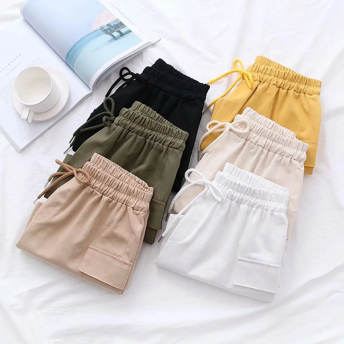 Летние женские шорты на шнуровке эластичные с завышенной талией большие из