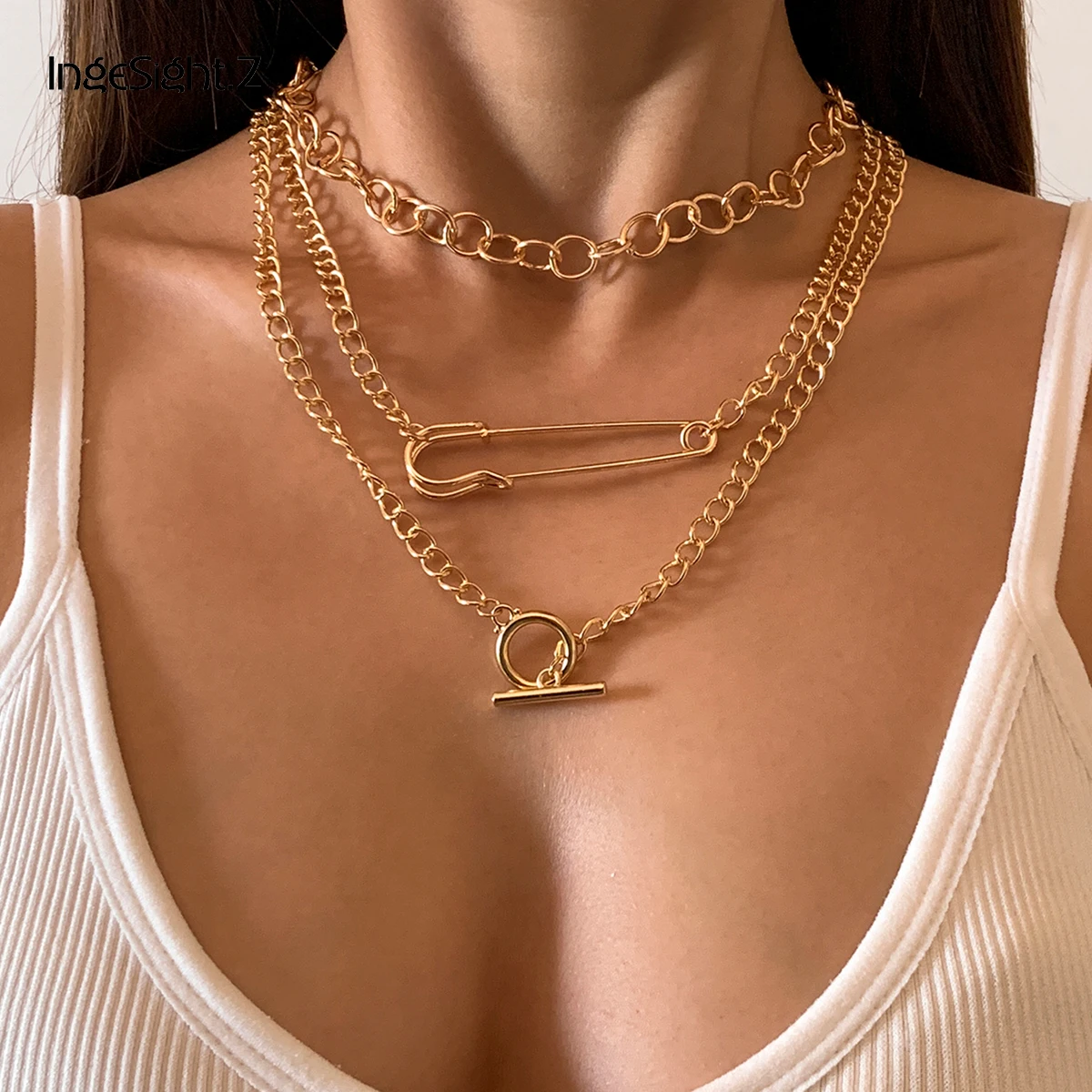 

IngeSight.Z 3Pcs/Set Gold Color Link Chain Toggle Lasso Choker Necklaces Multi Layered Paper-Clip Shape Pendant Necklace Jewelry