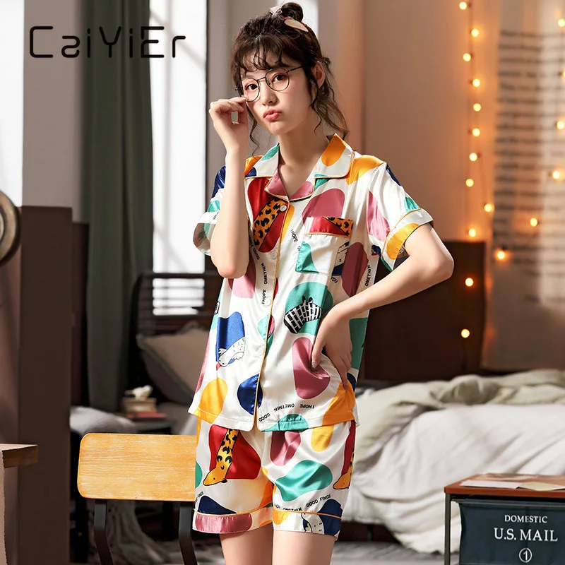 Летний пижамный комплект CAIYIER с мультяшным принтом милая шелковая ночная рубашка