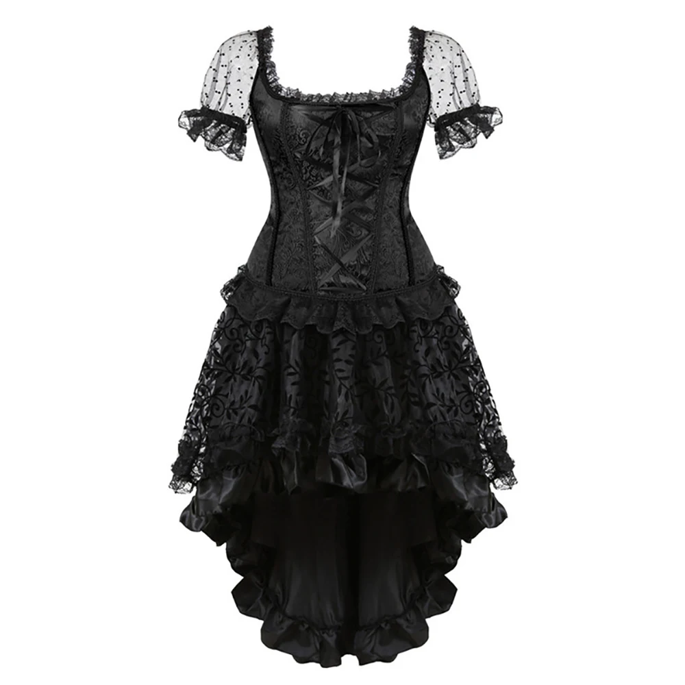 

Sexy Womens Victorian Overbust set Dress Gothic Lace Lolita Style Burlesque Plus Size Shoulder Straps Sleeves Corset Skirt Set