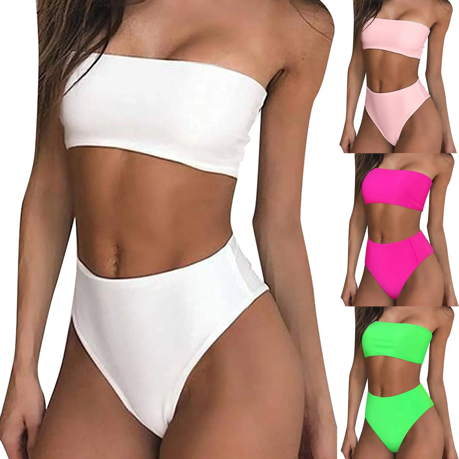 Bikini 2021 Swimwear Women's Sexy Solid Color Bralette Tops Set Two-piece Swimsuit Fashion Women | Женская одежда