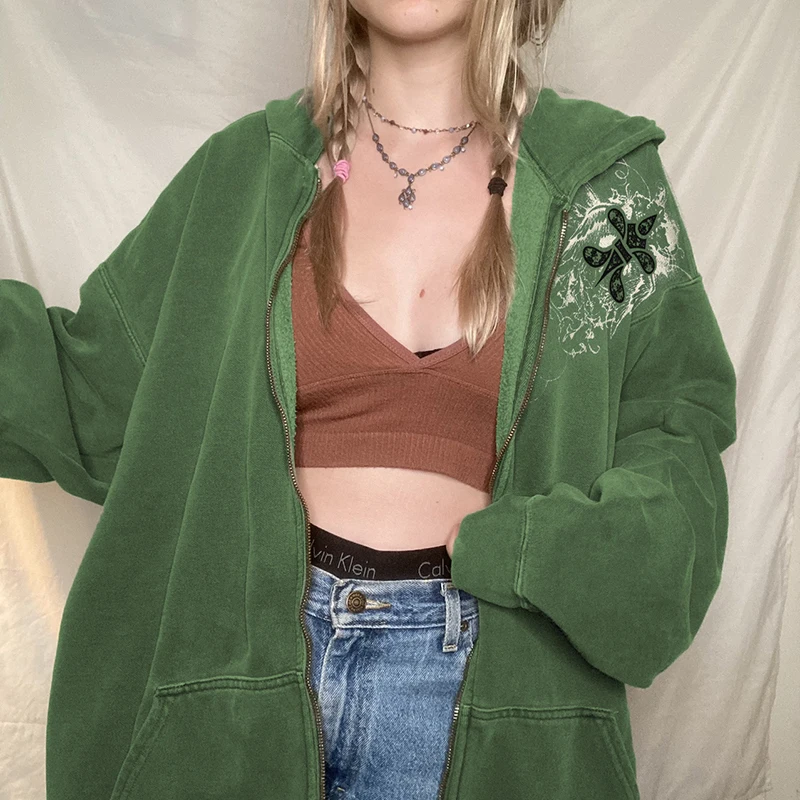 

WeiYao Retro Green Oversized Zip Up Jackets Hoodies Women Autumn 2021 Preppy Style Vintage Casual Lantern Sleeve Sweatshirts