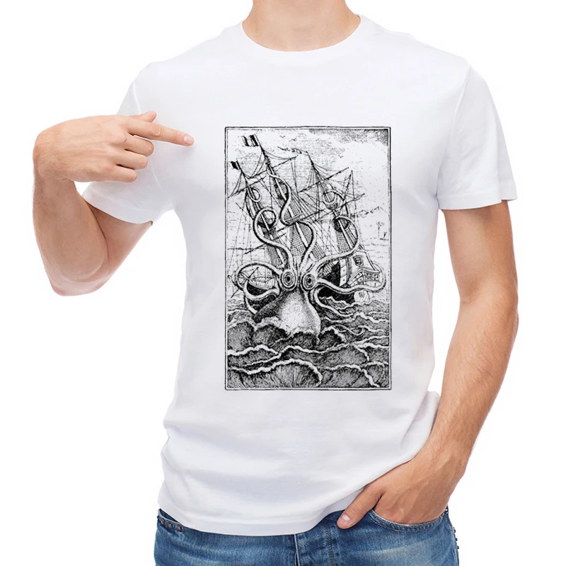 

TEEHUB Vintage Kraken attacking ship illustration Printed Men T Shirt Fashion Funny T-shirt Short Sleeve O-Neck Tops Cool Tees