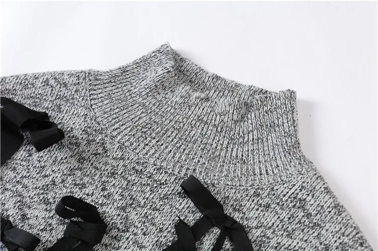 DEAT new autumn and winter fashion women clothes turtleneck lantern sleeves bow embroidery pullover short knits top WJ88202