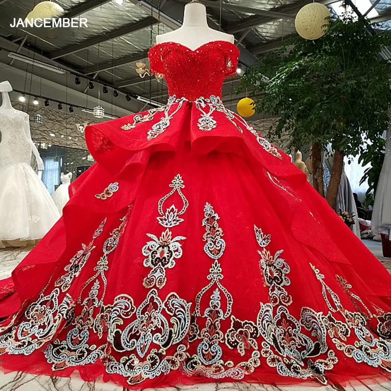 LS60411 vitage off shoulder sweetheart floor length lace up back crystal ball gown prom dress red puffy evening wholesale | Свадьбы и