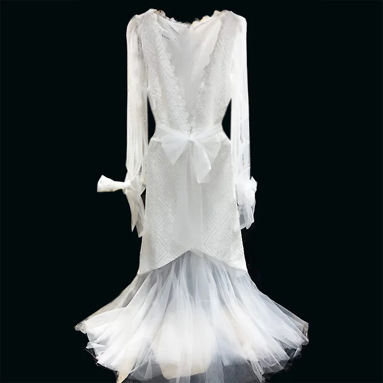 

2021 Spring and Summer French Dress for Women Princess Deep V-neck Long Dress Fairy Mesh Banquet Fishtail Dress with Big Bow New