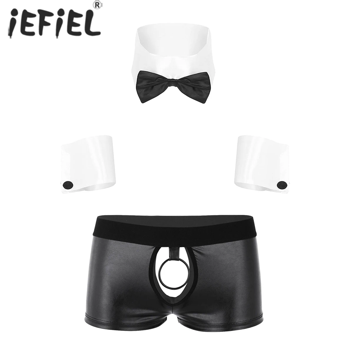 

iEFiEL Men Hallow Out Sexy Lingerie Suits Bowknot Collar Cuffs with Faux Leather O-ring Hole Boxer Briefs Sissy Shorts Underwear