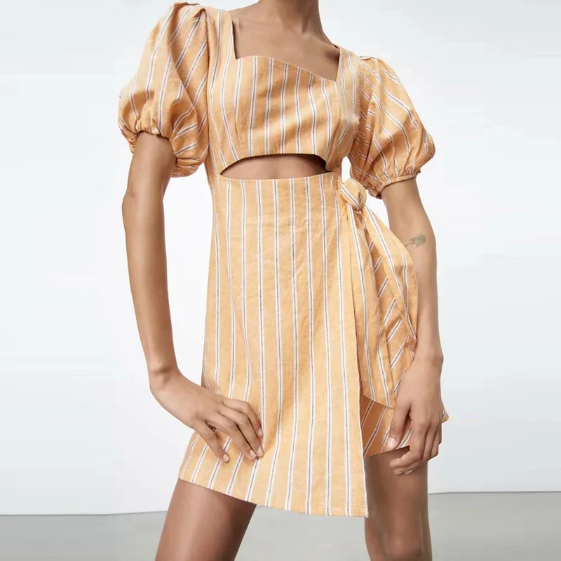 CHURSES женское Повседневное Платье трапециевидного силуэта в пляжном стиле с квадратным вырезом Мини желтое 2021 Новое модное платье