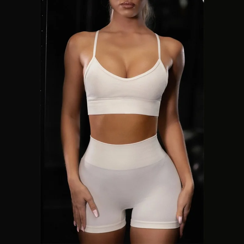 

2021 Fashion Style Women's Sports Shorts Vest Suit Seamless Fitness Pants T-Shirt Ladies Yo-ga Shorts T-Shirt Suit