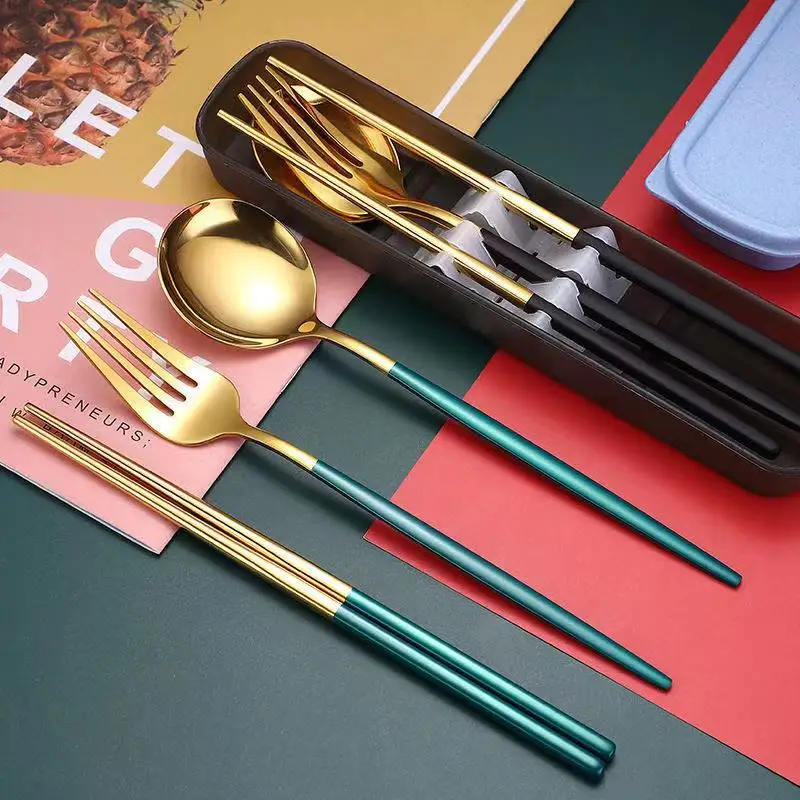 

Chopsticks Spoon Set Portable One-Person Child Tableware Set Three-Piece Stainless Steel Fork Single Student Storage Box