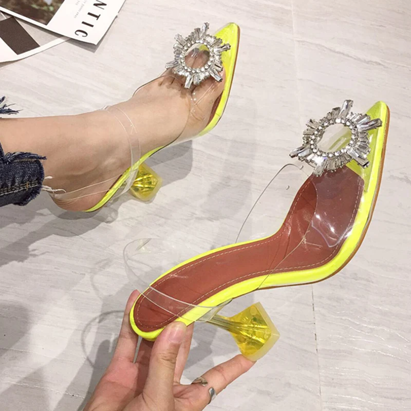 2020 летние Роскошные женское желтое прозрачное с сияющими блестками сандалии со