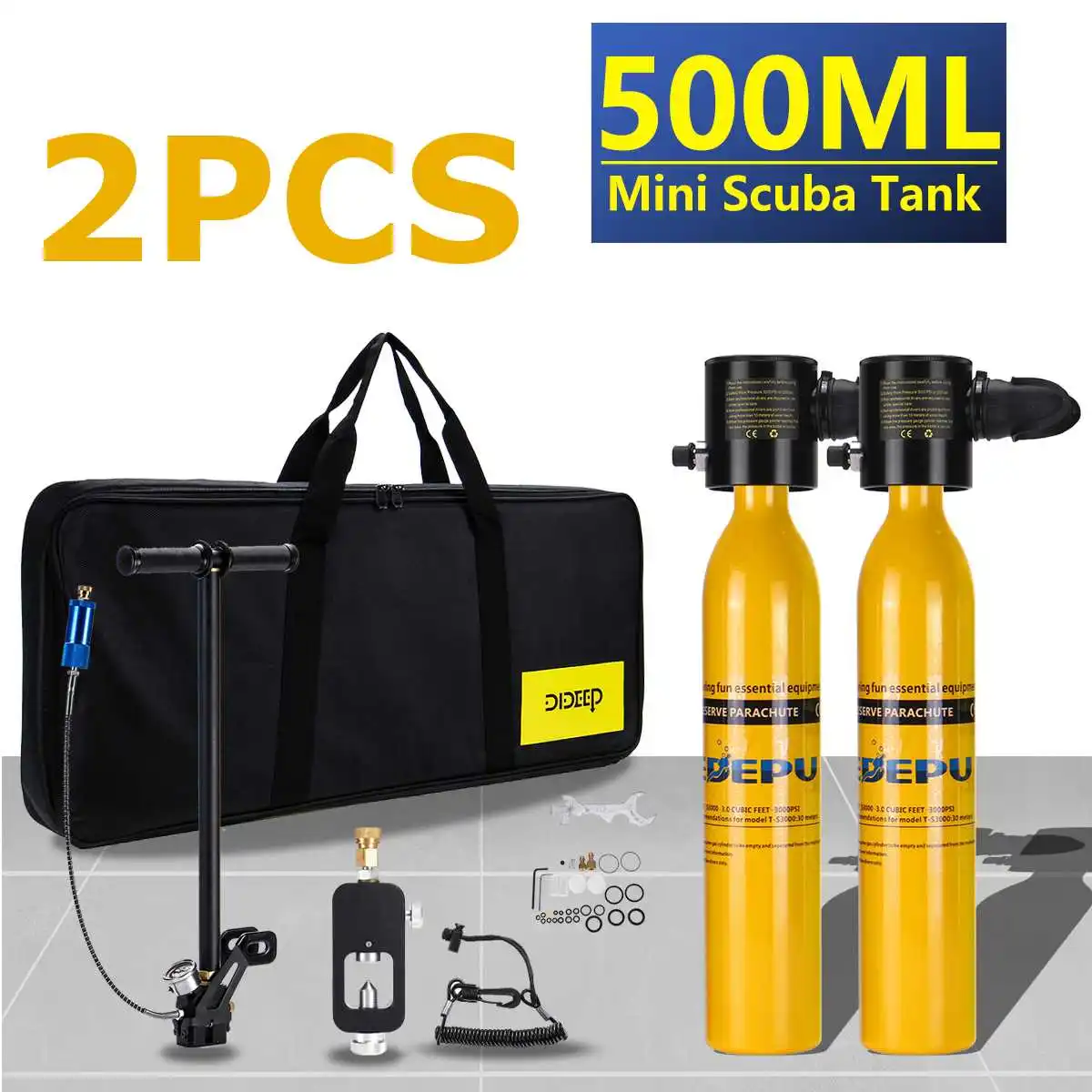 

2PCS Scuba Diving Air Tank 4 in 1 500ML Oxygen Cylinder Dive Respirator Air Pump Snorkeling Underwater Breath Diving Equipment