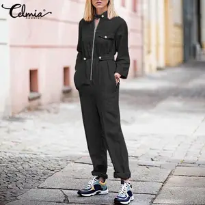 Комбинезон Celmia Женский на молнии, винтажный однотонный Ромпер на пуговицах с длинным рукавом, повседневный свободный ромпер с завышенной талией, осень 2021