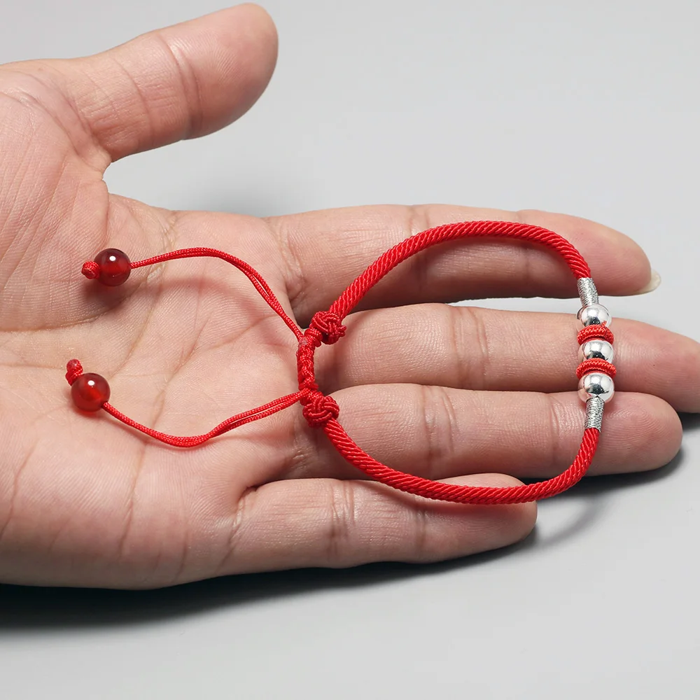 999 стерлингового серебра круглые бусины Lucky Red Rope браслет для мужчин и женщин