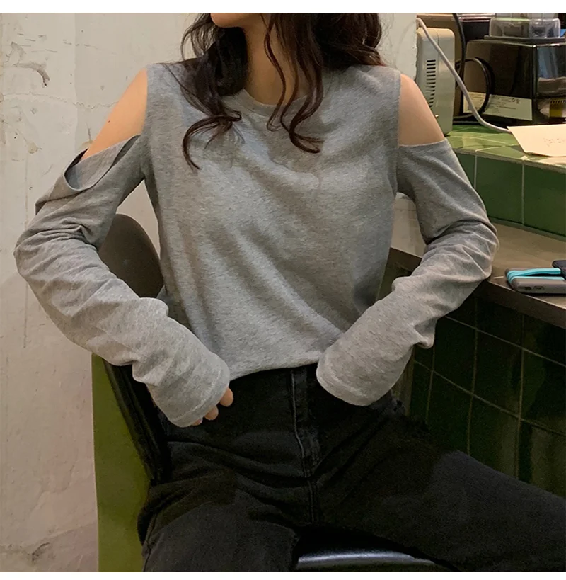 

Women Spring Autumn Solid Loose Long-sleeved Short T-Shirts Korean Style Y2k Tide New Chic Off-shoulder Tops Fashion Streetwear