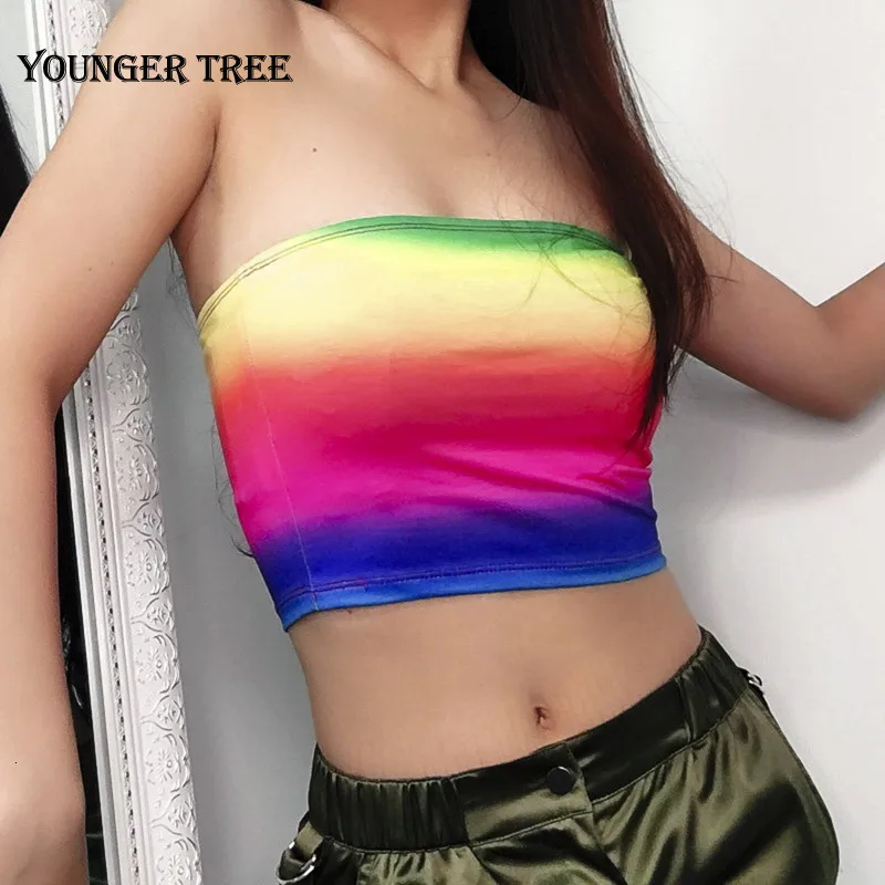 Летний Радужный Полосатый Топ без бретелек женская сексуальная уличная одежда с