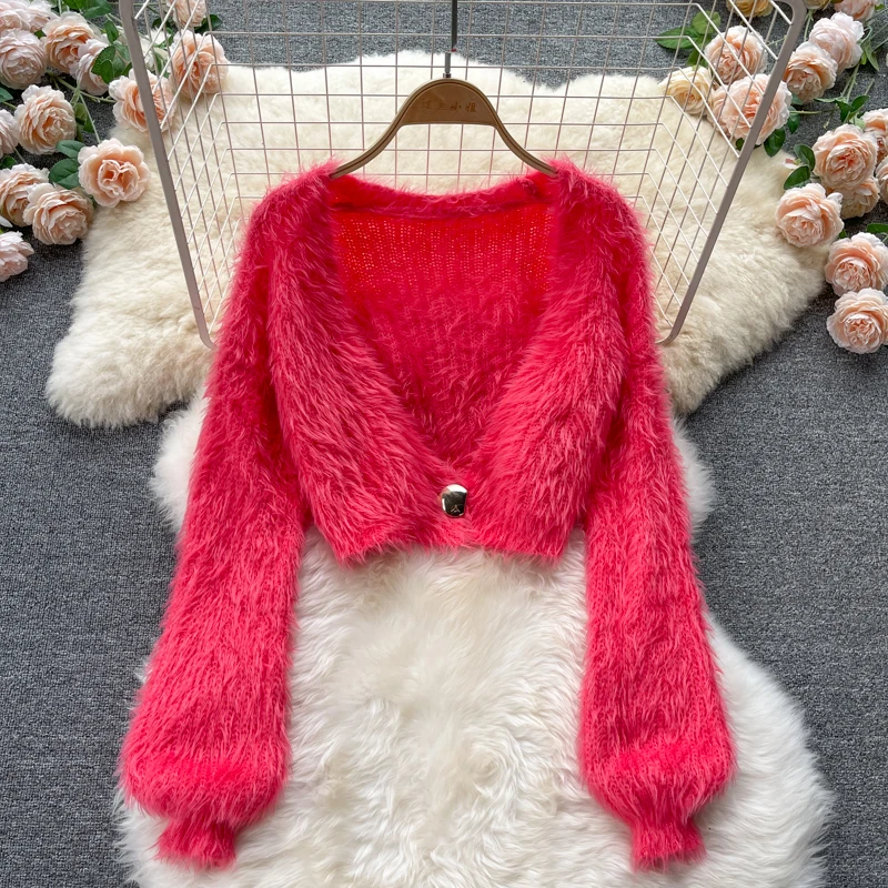 

Women Mohair Knitted Cardigans Sweater Fashion Autumn Lantern Sleeve Loose Coat Button Thick V Neck Solid Female Tops 2021 New