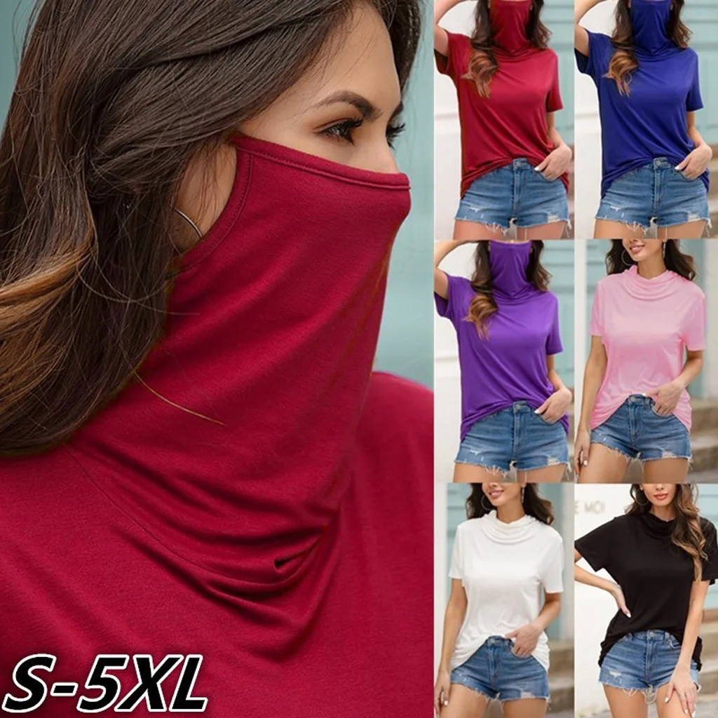 

Richkeda Store New 2021 Plus Size Women T Shirt Casual Loose Round Neck Short Sleeve Face Mask T-shirt Female Solid Vogue Tee