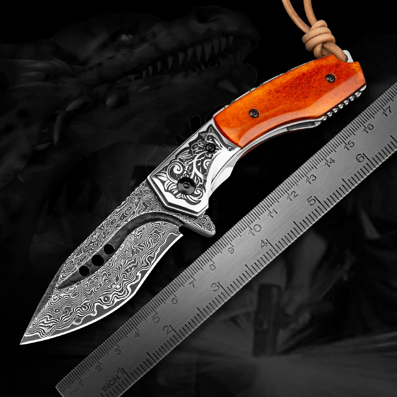 

Handmade Damascus Pocket Folding Knife VG10 Steel Core Tanto Point Blade Ox Bone Handle Self Defense EDC Tool with Sheath Gift