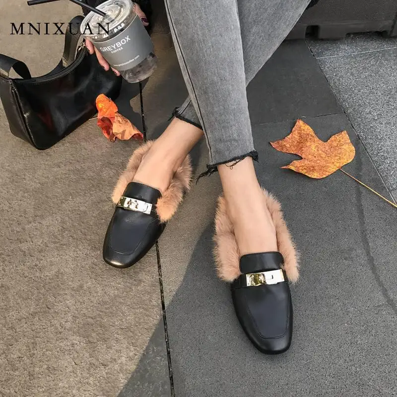 Мюли MNIXUAN женские на меху зима 2019 новинка натуральная кожа ручной работы