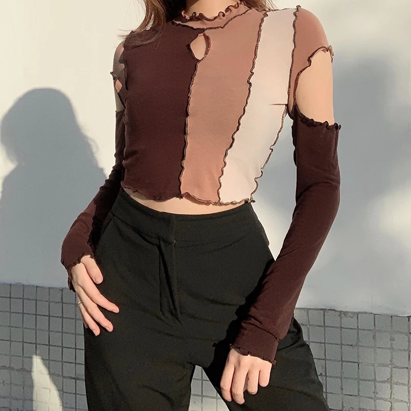 

Women T-shirts Frill Hollow Out Cropped Long Sleeve Tshirt Autumn Fashion Ladies Basic Patchwork Top Tees Streetwear Clothes