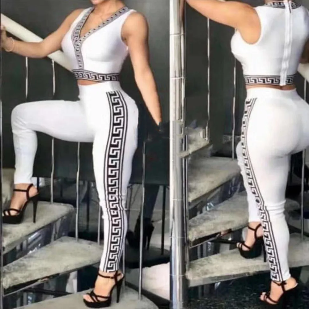 

Женский бандажный комплект белого цвета, модные короткие топы и брюки-карандаш, праздничная одежда из вискозы, Женский комплект высокого ка...