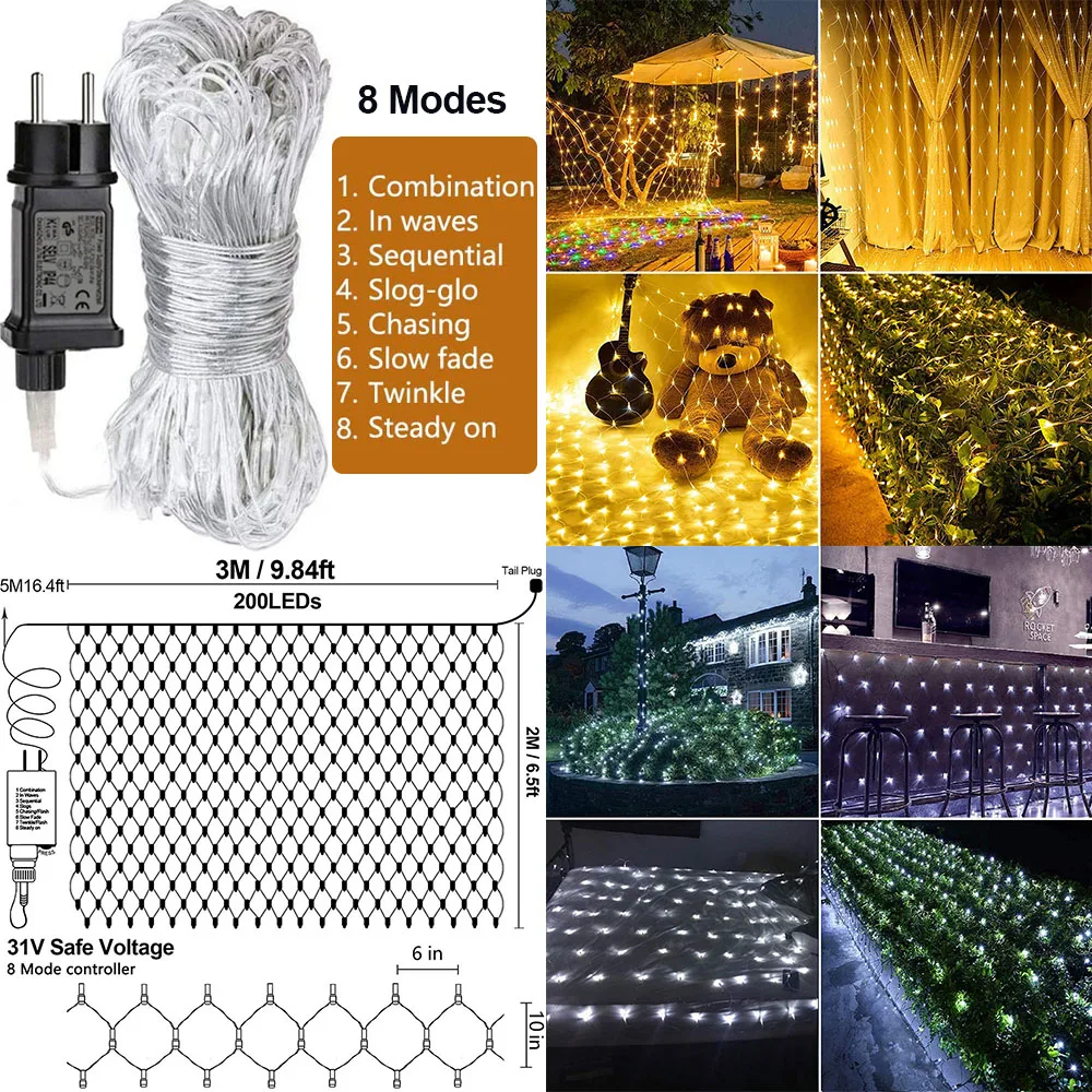 

3x2M LED String Net Light Connectable Curtain Mesh Light Waterproof for Wedding Party Decoration Garden Christmas Light Lighting