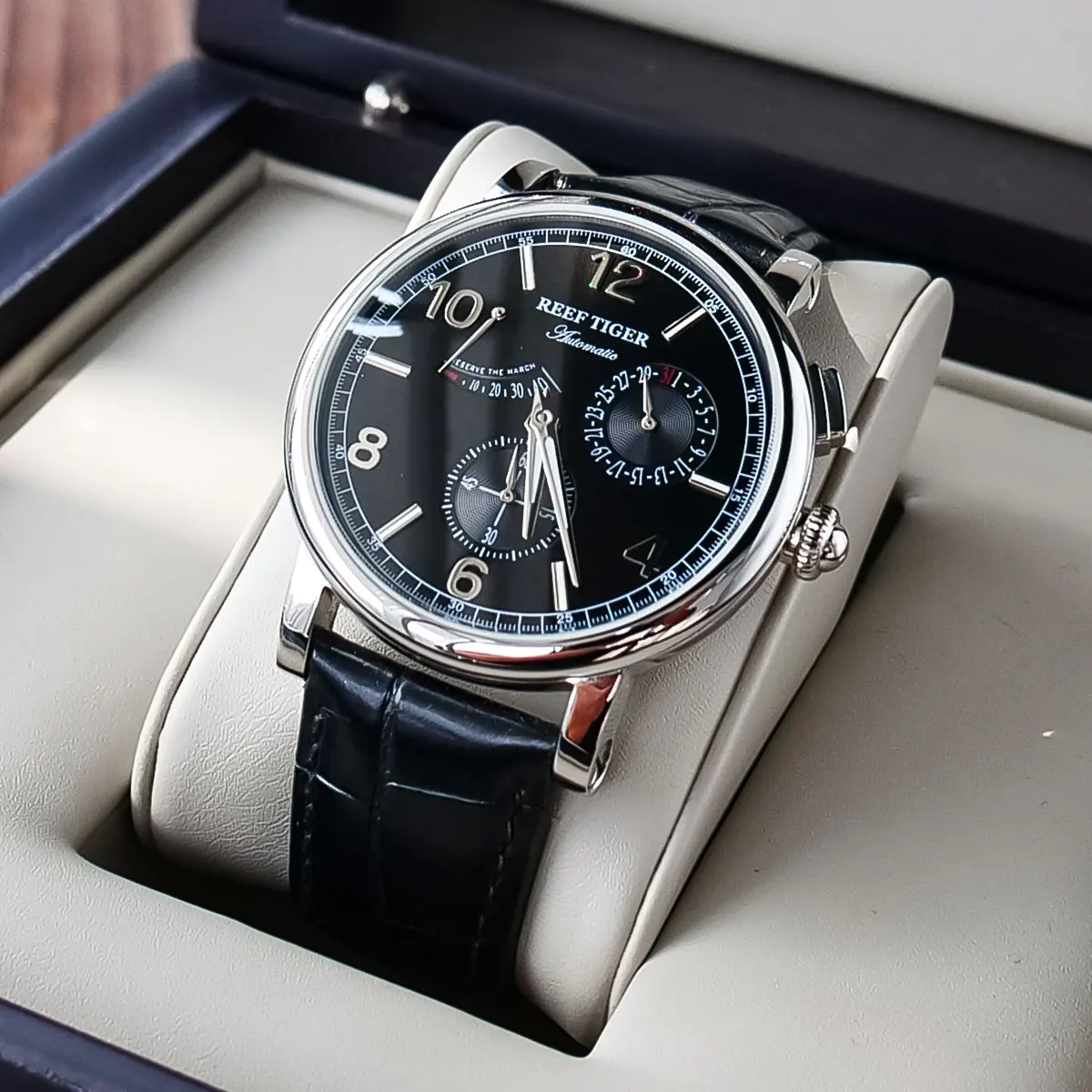 New Reef Tiger/РТ мужские роскошные аналоговые автоматические часы кожаный ремешок
