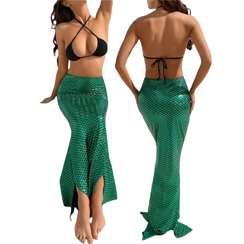 Xingqing Female Green Half-Length High-Waisted Long Skirt Fish Scale Print Hip Mermaid Summer Close-Fitting Skirts | Женская одежда