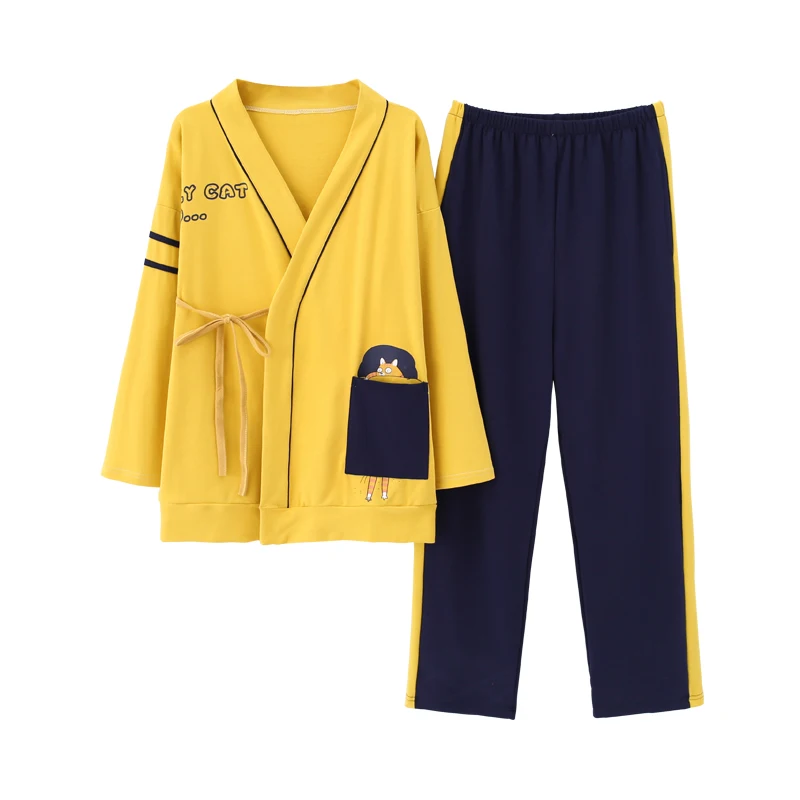 

Autumn Knitted Cotton Women Sleepwear Cartoon Long Sleeve Cardigan Pajamas Set Cute Casual Soft Female Nightwear