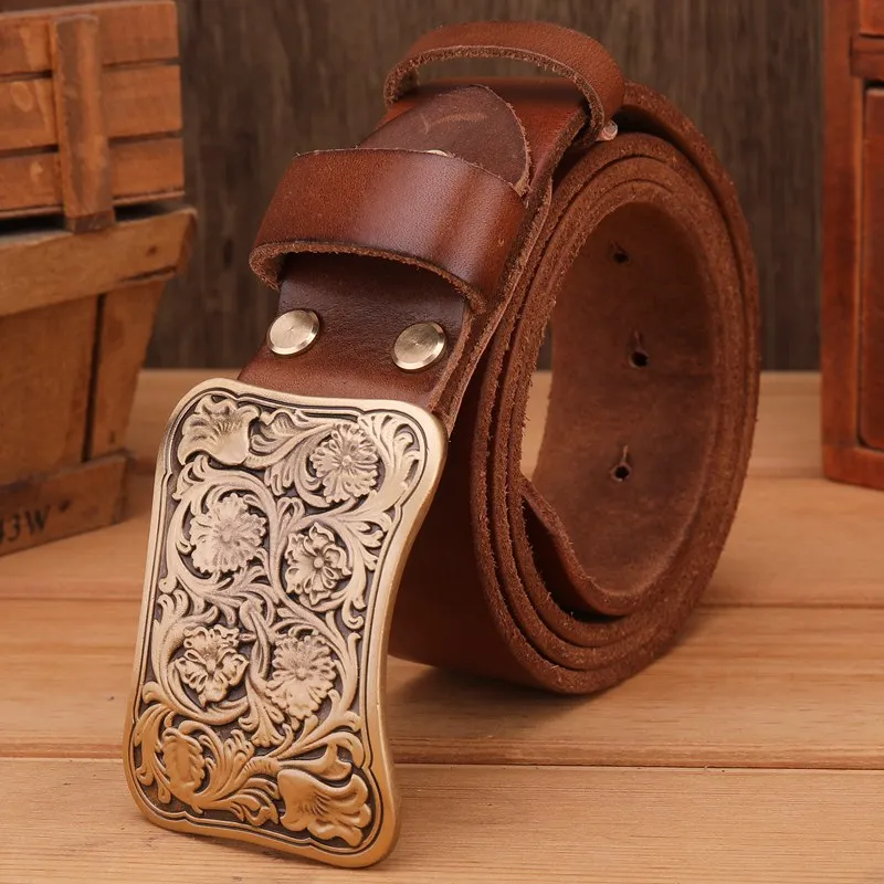 khaki flower buckle Твердый латунный ремень с пряжкой в виде цветка, коричневый, черный, мужские ремни, роскошные, полностью зернистые, Воловья кожа, натуральная кожа, высокое качество, винтажная, Золотая Талия - Цвет: khaki flower buckle