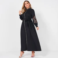 ladies fashion resort small stand collar floral embroidery long sleeve loose belt sweet elegant woman black party maxi dress 4xl