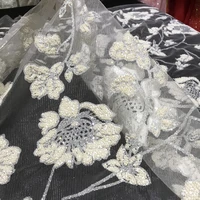 high quality french luxury silver glitter tulle mesh pearl flower beaded white lace fabric bride wedding dress material by yard