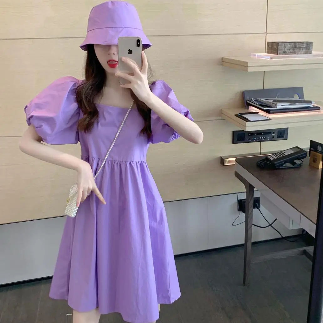 

Summer Purple Women Puff Sleeve Mini Dress 2021 Ladies Robe Solid Color Square Collar Loose Kawaii Shirt Dress And Hat