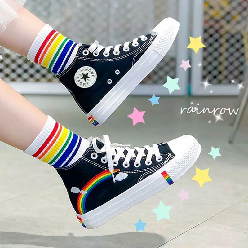 

Women's Fashion 2021 Vulcanized Shoes Woman Sneakers New Rainbow Retro Canvas Shoes Flat Fashion Comfortable High Shoes Women