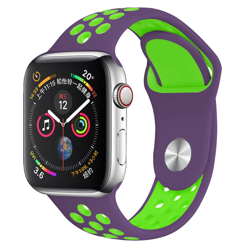 Purple with green Мягкий силиконовый сменный спортивный ремешок для Apple Watch, 38 мм, 40 мм, серия 1, 2, 3, 4, 5, 42 мм, 44 мм, браслет на запястье, ремешок для iWatch Sports - Цвет ремешка: Purple with green