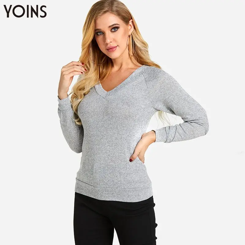 YOINS 2019 весна осень зима женские свитера и джемперы хлопок v-образный вырез длинный